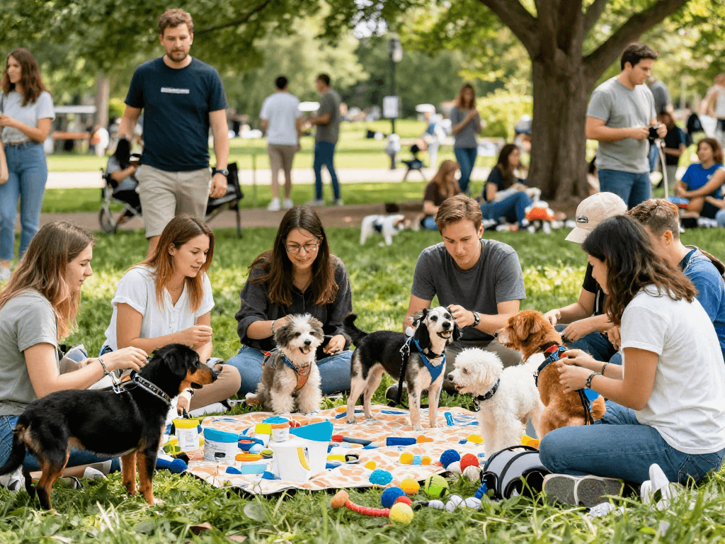 Engaged pet owners sharing tips in a sunny park while discussing rokok88 slot login for animal lovers' resources