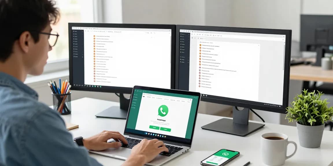 Using WhatsApp電腦版 on a laptop in a bright office workspace setting, showcasing productivity and communication.