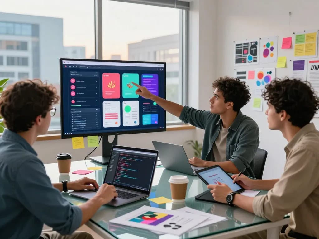 Engaging teamwork in a vibrant digital art studio showcasing spicy AI app designs and collaboration.