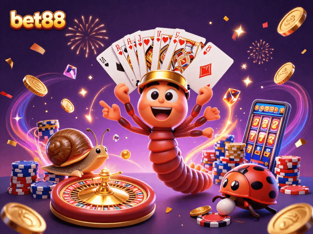 Bet88's energetic casino scene features a millipede dealer and a snail high-roller amidst gold coins and vibrant poker chips.