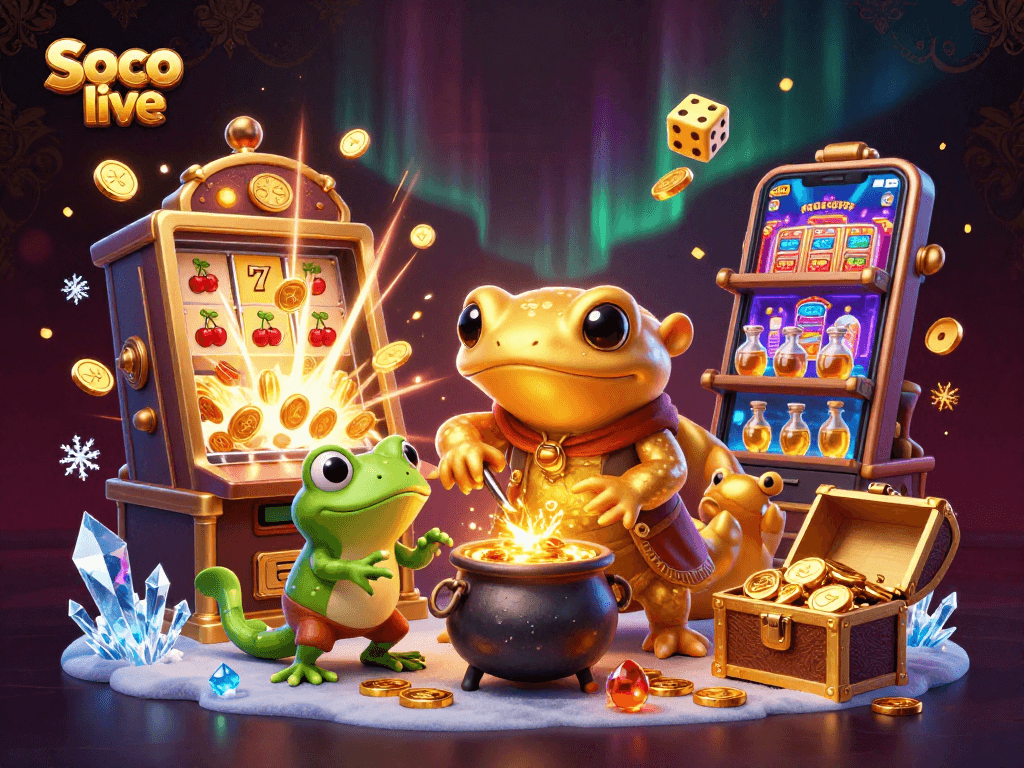 Experience dynamic gaming thrills with Soco live's vibrant 3D casino illustration featuring golden alchemists.