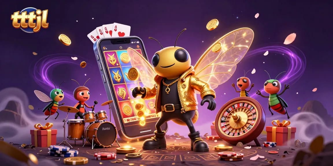 tttjl slot game scene with a cicada rock star and fun casino elements.