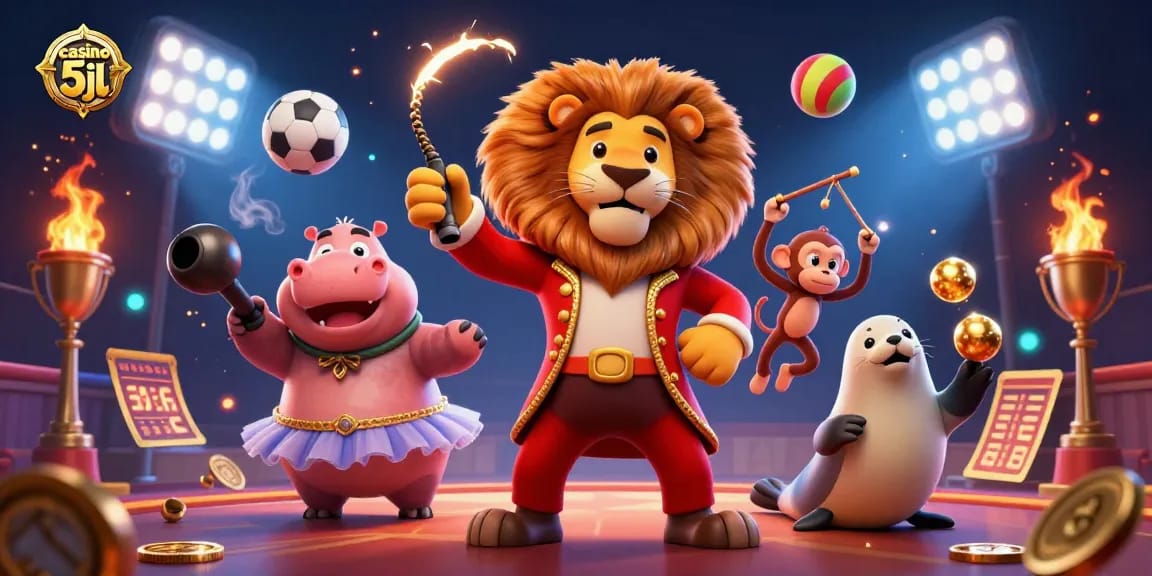 Engage with thrilling action at casino 5jl featuring 3D circus characters in a vibrant scene.