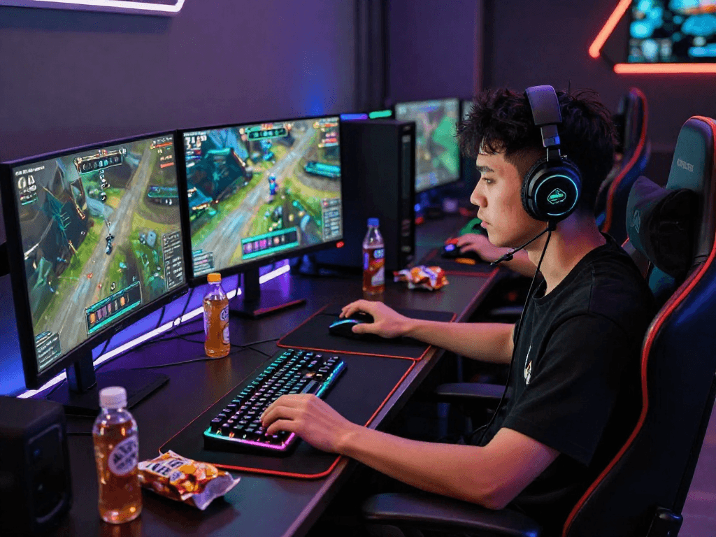 Gamer engaged in a competitive match at sleek setup featuring rokok88 login portal, vibrant RGB keyboard, and multiple monitors.
