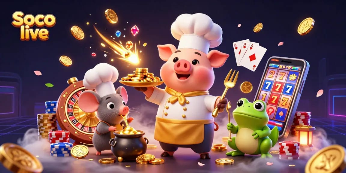 Soco live showcases an engaging 3D casino scene with characters, coins, and vibrant gaming elements.