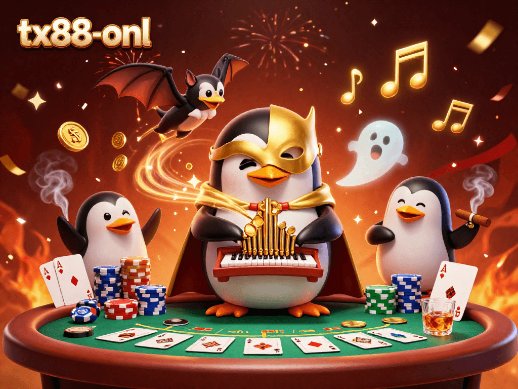 tx88-onl captivates players with a vibrant 3D scene of a penguin organist and gambling elements.