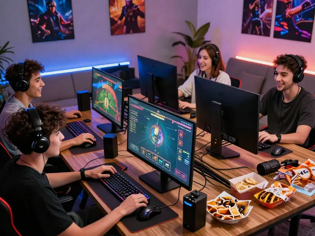 Friends enjoying an exhilarating online gaming session at man88 with vibrant graphics and modern gaming setup.