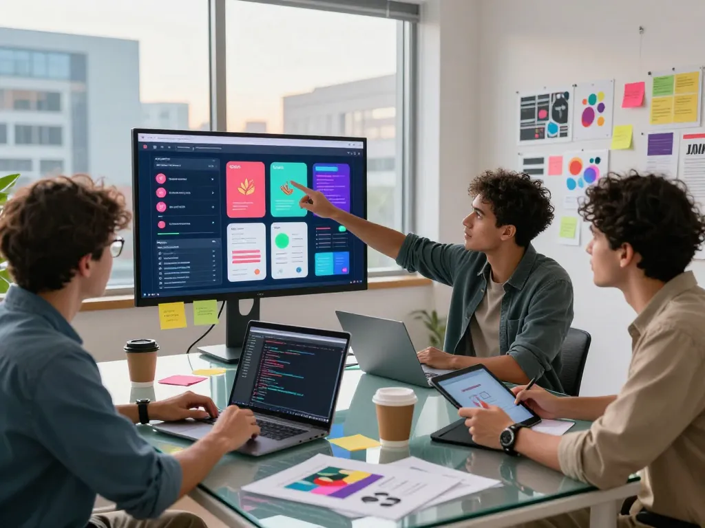 Engaging teamwork in a vibrant digital art studio showcasing spicy AI app designs and collaboration.