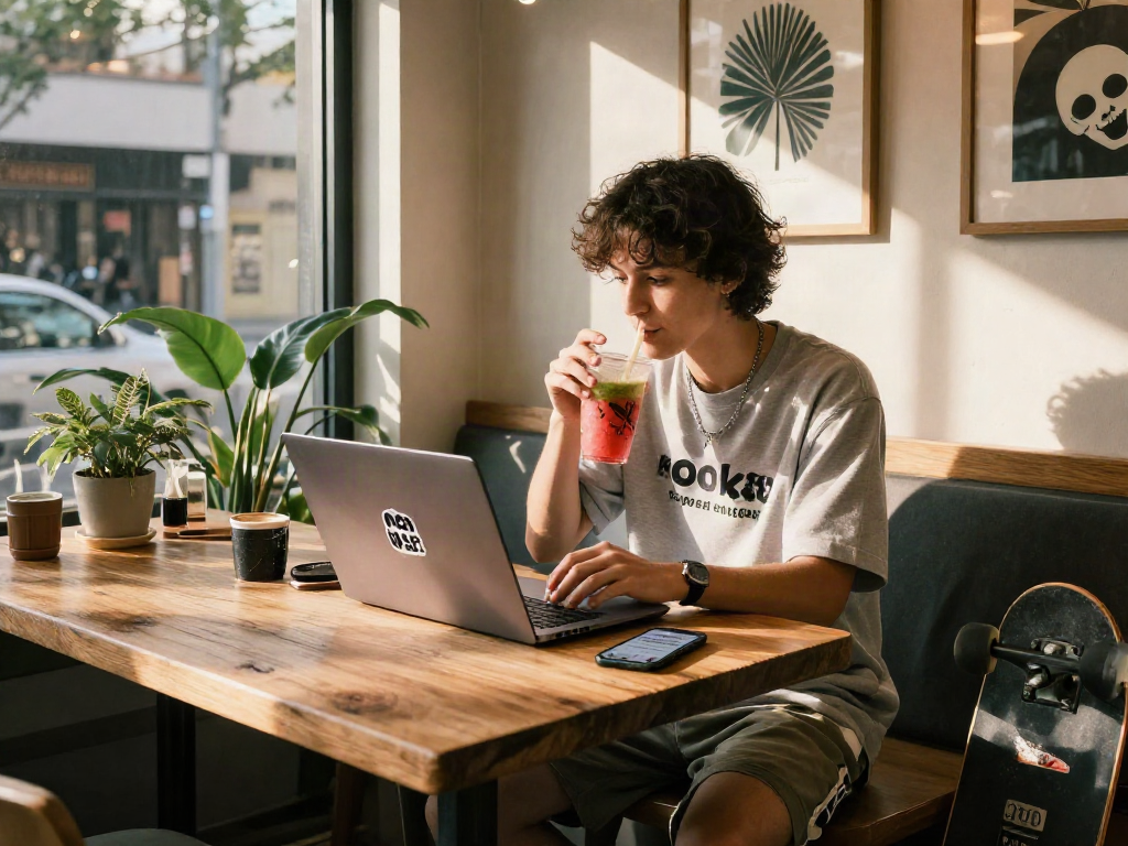 Engaging urban café scene featuring a young person exploring rokok88 super merchandise on a laptop, surrounded by vibrant décor.