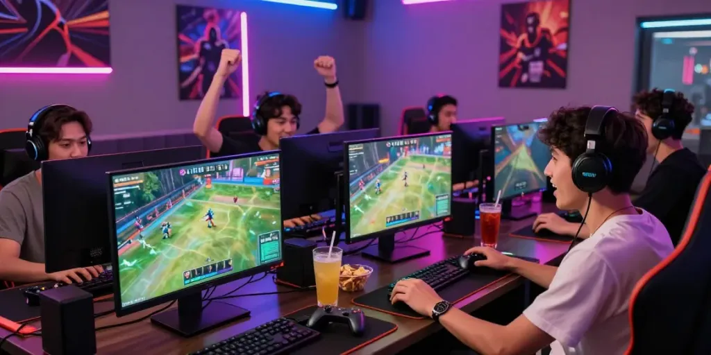 Friends enjoying competitive gaming at TA88, showcasing modern lounge atmosphere and gaming setups.