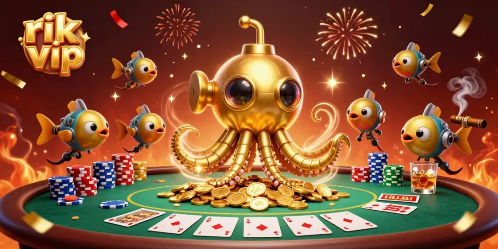 Experience the exhilarating world of rik vip with our unique golden kraken submarine illustration amidst poker elements.