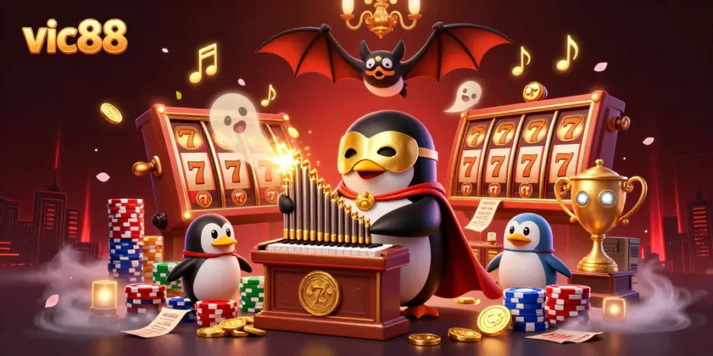 Experience vic88 with a dazzling gaming scene featuring a penguin organist shooting coins, surrounded by vibrant casino elements.