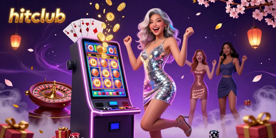 hitclub jackpot celebration scene with lively Asian woman, slot machine, and casino elements