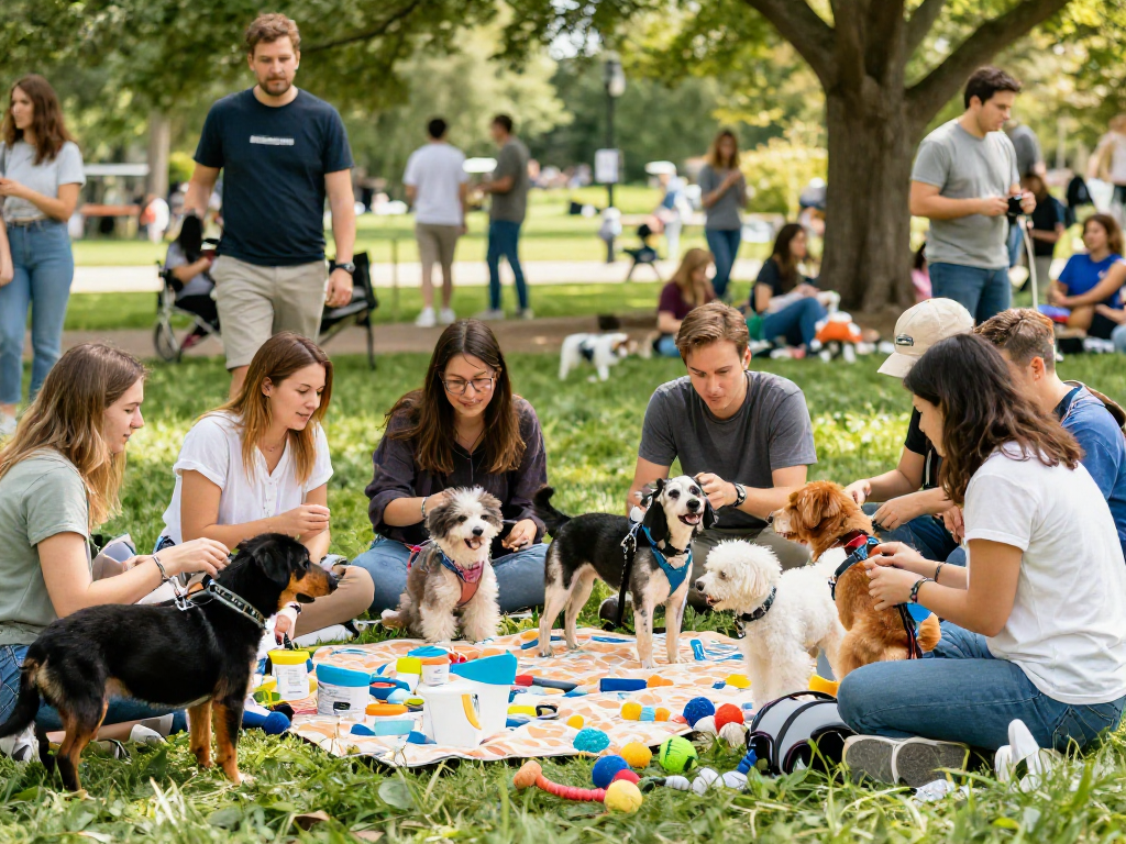 Engaged pet owners sharing tips in a sunny park while discussing rokok88 slot login for animal lovers' resources
