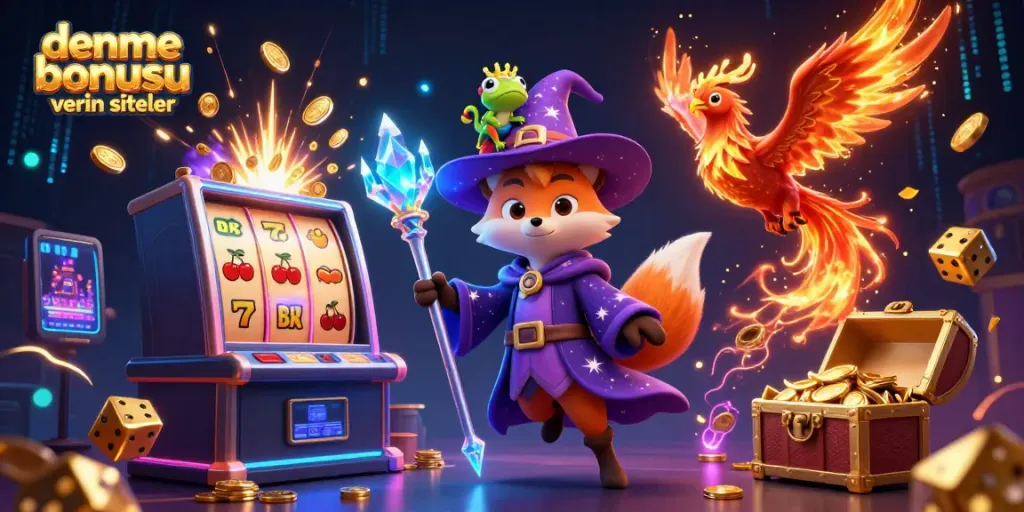 Engage with deneme bonusu veren siteler as a magical fox wizard, phoenix, and frog in a colorful casino explosion.