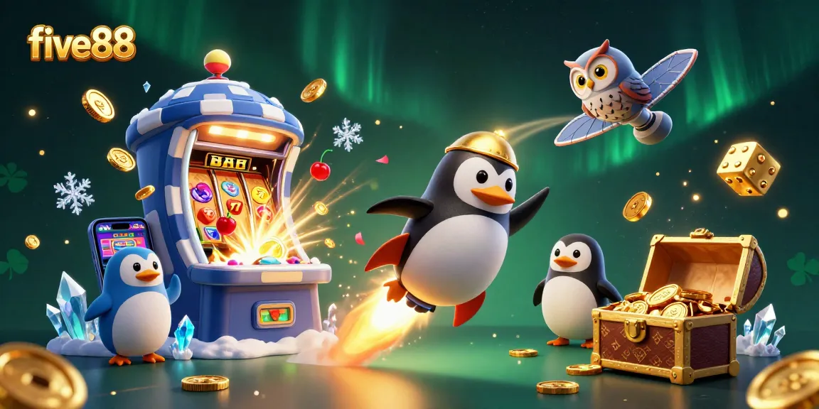 Win big with five88 as the golden penguin launches toward the casino space station!