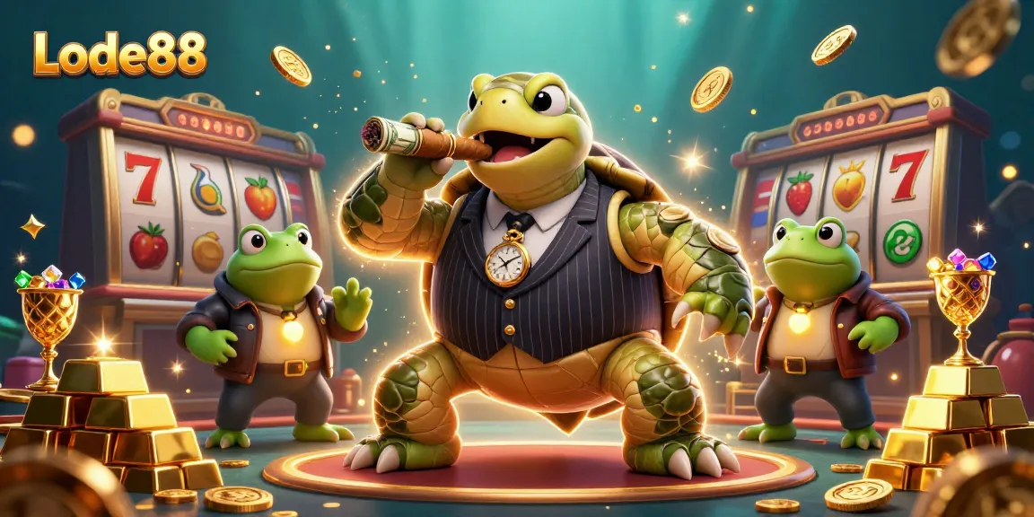 Lode88 showcases a vibrant casino world with a snapping turtle and bullfrogs in a dynamic, rich illustration.