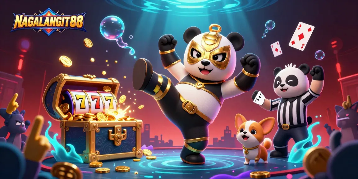 NAGALANGIT88 offers an amazing gaming experience with vibrant characters and chaotic casino action, showcasing excitement and energy.