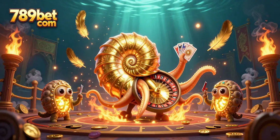 Play thrilling games at 789bet com with a giant nautilus roulette wheel and glowing cards.
