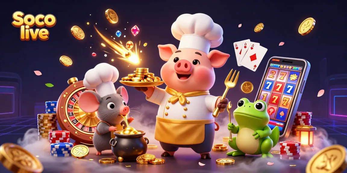 Soco live showcases an engaging 3D casino scene with characters, coins, and vibrant gaming elements.