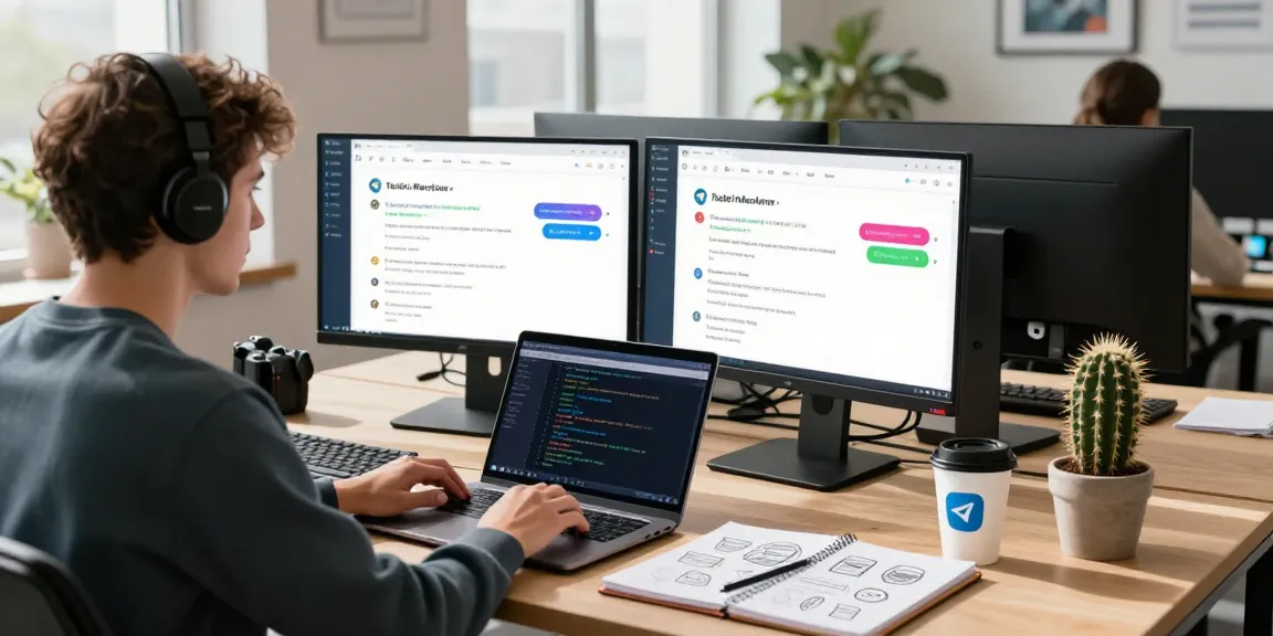 Using the Telegram web version on dual monitors in a modern tech workspace with colorful chat bubbles and code snippets.
