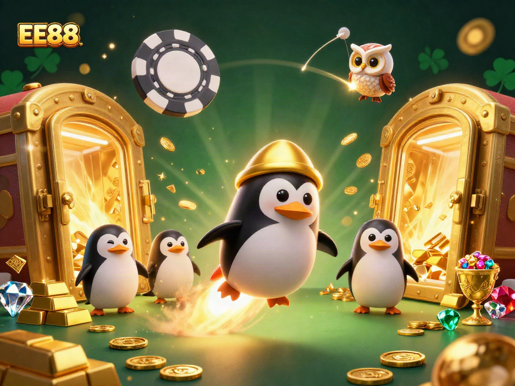 EE88's thrilling casino adventure illustrated with a golden penguin blasting through space.
