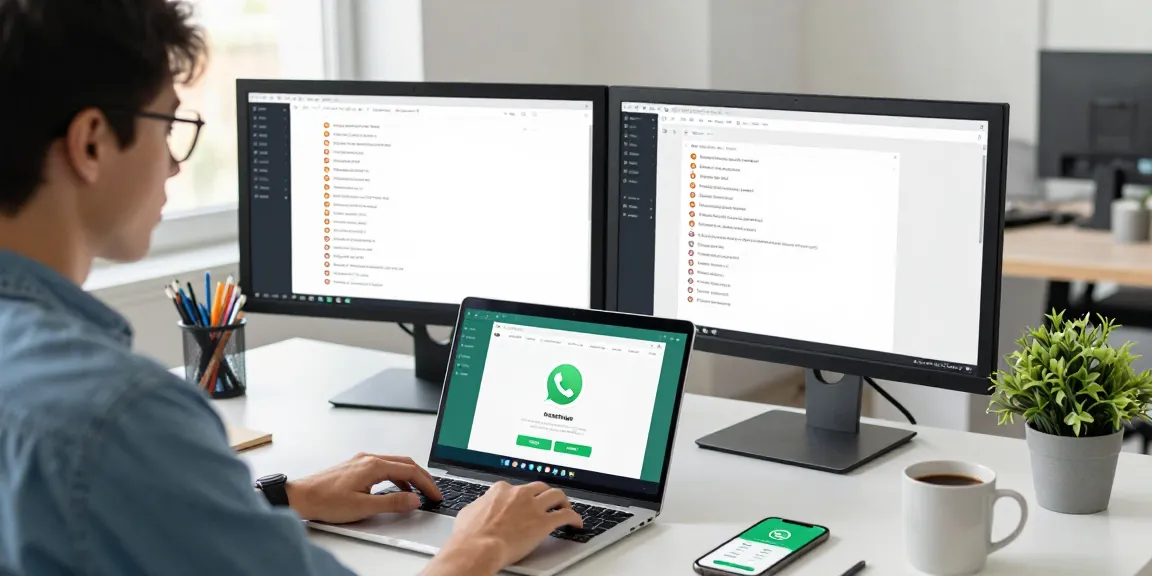 Using WhatsApp電腦版 on a laptop in a bright office workspace setting, showcasing productivity and communication.