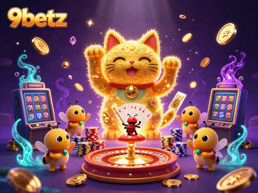 Experience the excitement at 9betz with animated golden fireflies and a lucky cat in a vibrant casino scene.