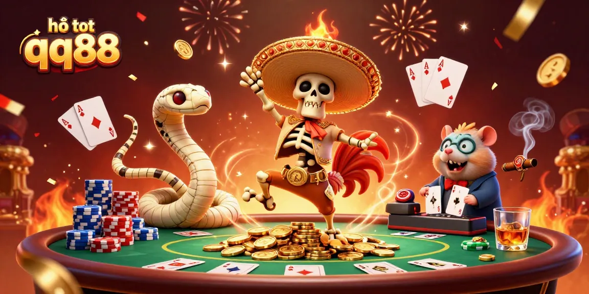 Experience vibrant action with hỗ trợ qq88 featuring dynamic characters and poker elements beautifully illustrated.