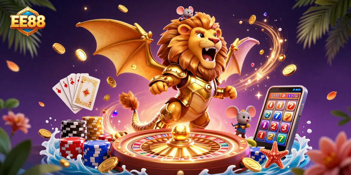 Experience thrilling gameplay at EE88 with a roaring chimera and golden casino elements.