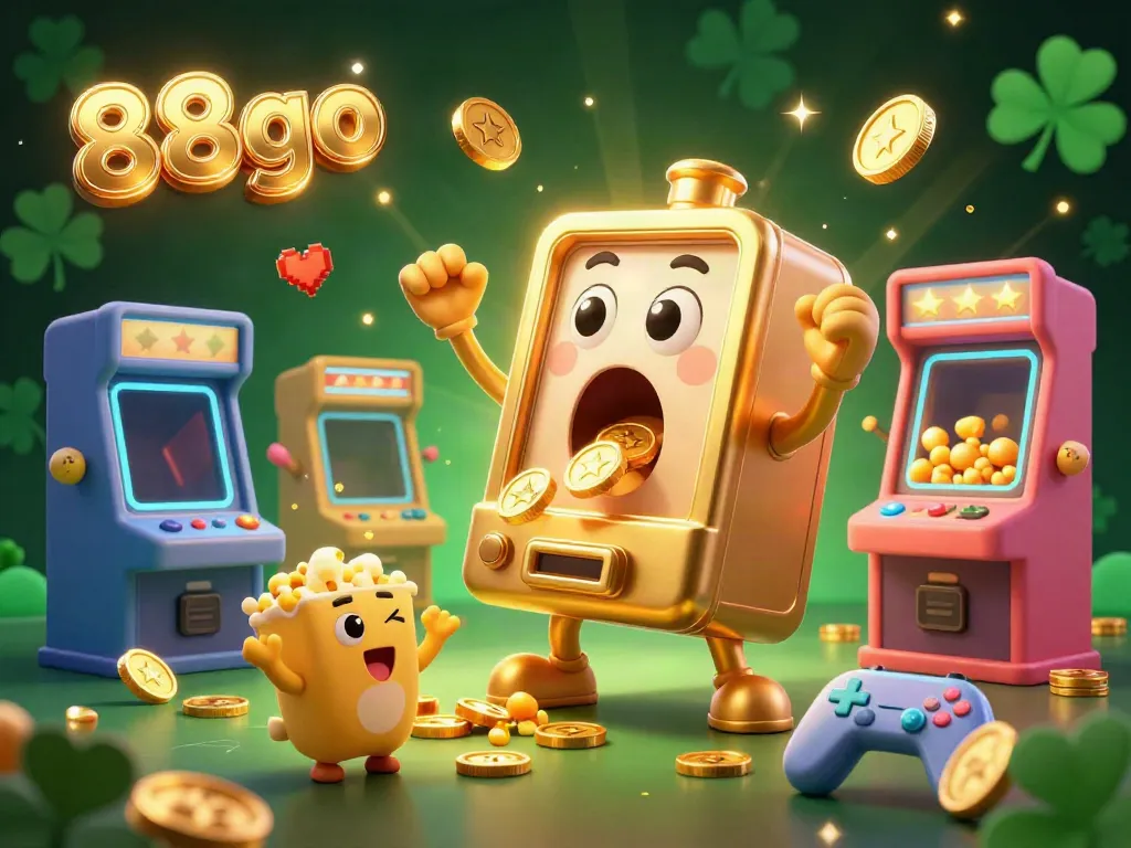 Jackpot celebration scene with 88go, featuring a surprised slot machine and cheering baby machines.