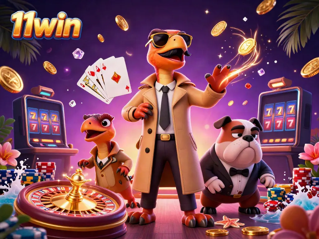 Experience 11win's thrilling atmosphere as raptors humorously attempt VIP access in a vibrant casino.