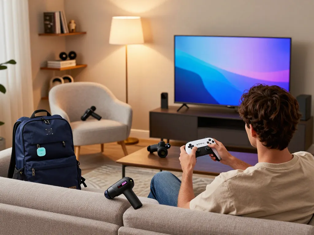 Discover affordable tech gadgets like the 8BitDo controller, Fitbit, and Renpho massage gun in a cozy living room.