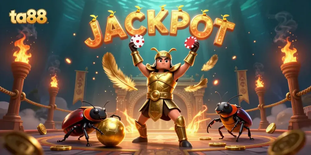 Engaging ta88 online casino scene featuring heroic characters celebrating a big win.