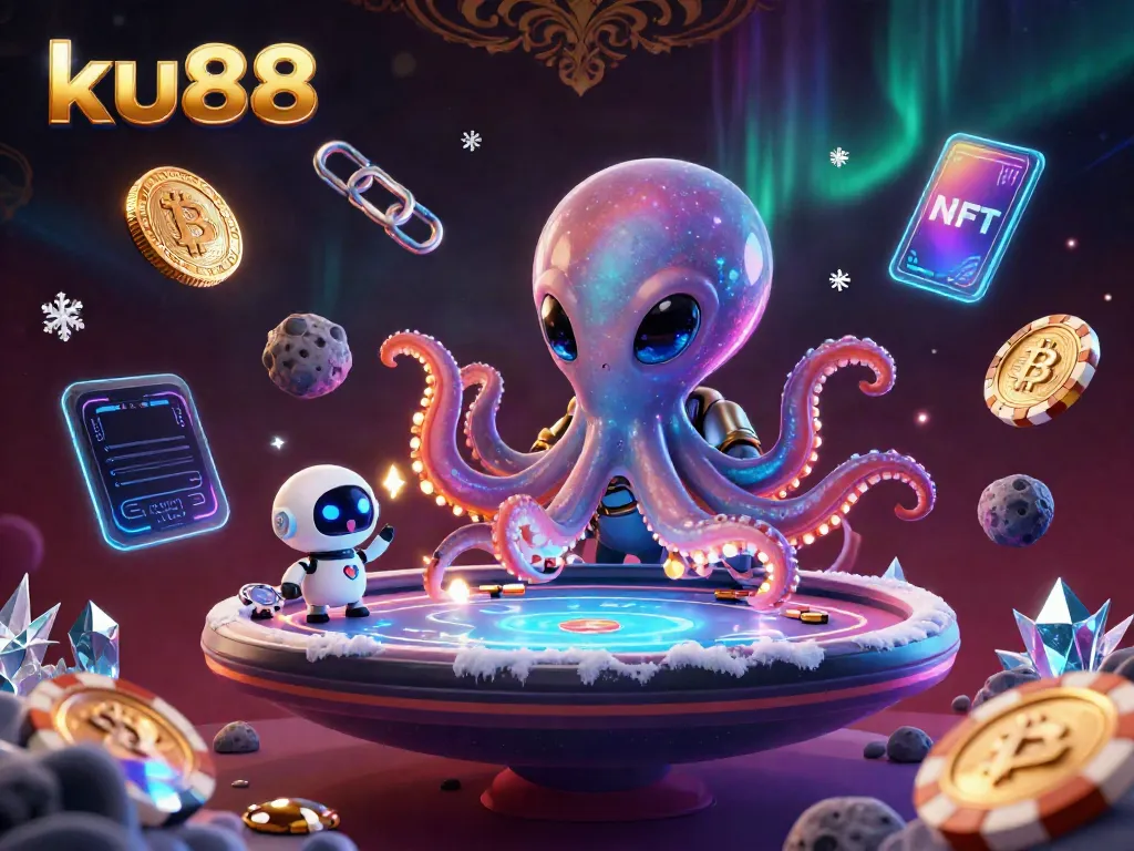 Experience thrilling poker action with ku88 as a cartoon octopus and robot engage in a cosmic casino.