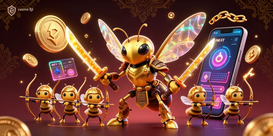 Engage with the thrilling world of casino 5jl through a dynamic 3D illustration showcasing a samurai hornet surrounded by crypto elements.