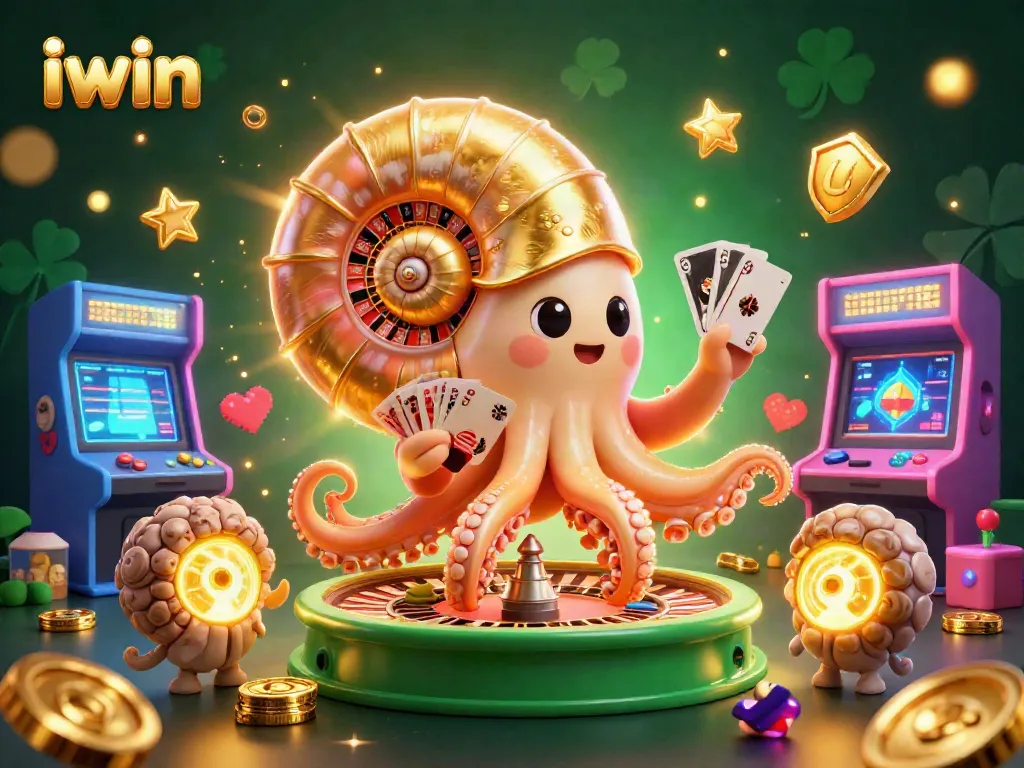 Play exciting games at iwin with a vibrant casino atmosphere featuring characters and gold elements.