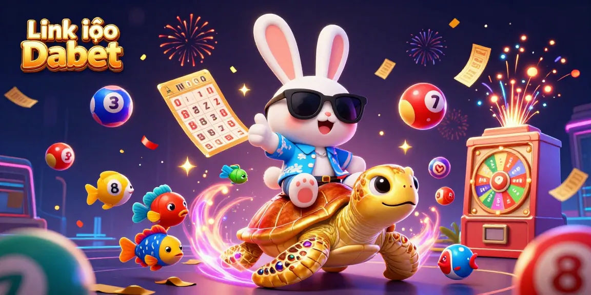 Join the fun with Link vào Dabet as the lucky rabbit rides a golden turtle amidst lottery excitement.