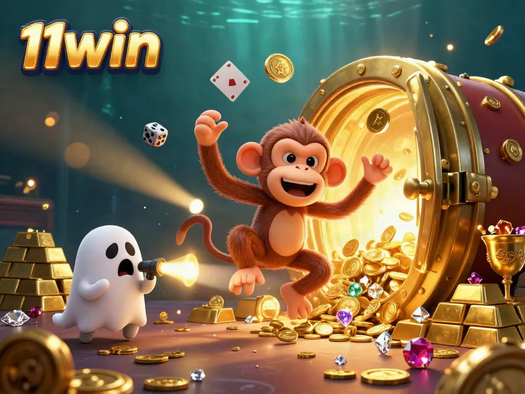 Experience thrilling gameplay at 11win with a ghost-hunter puppy and a mischievous monkey in a haunted casino.