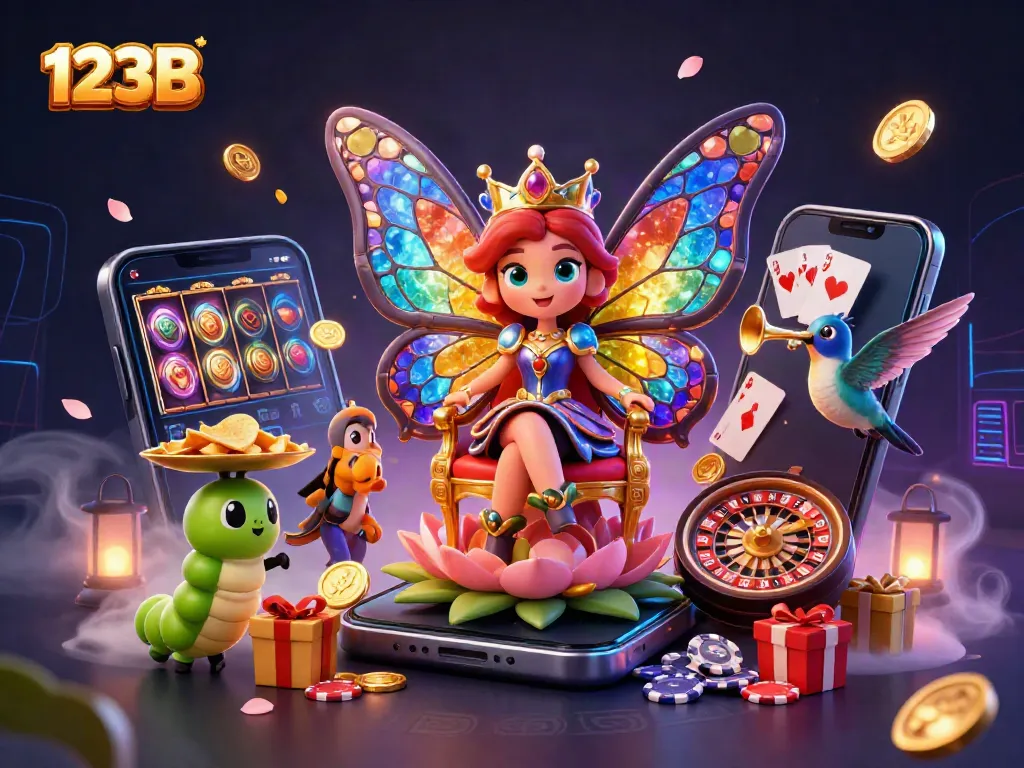 Engage with 123B in an enchanting casino world featuring a butterfly queen amidst vibrant gaming elements.