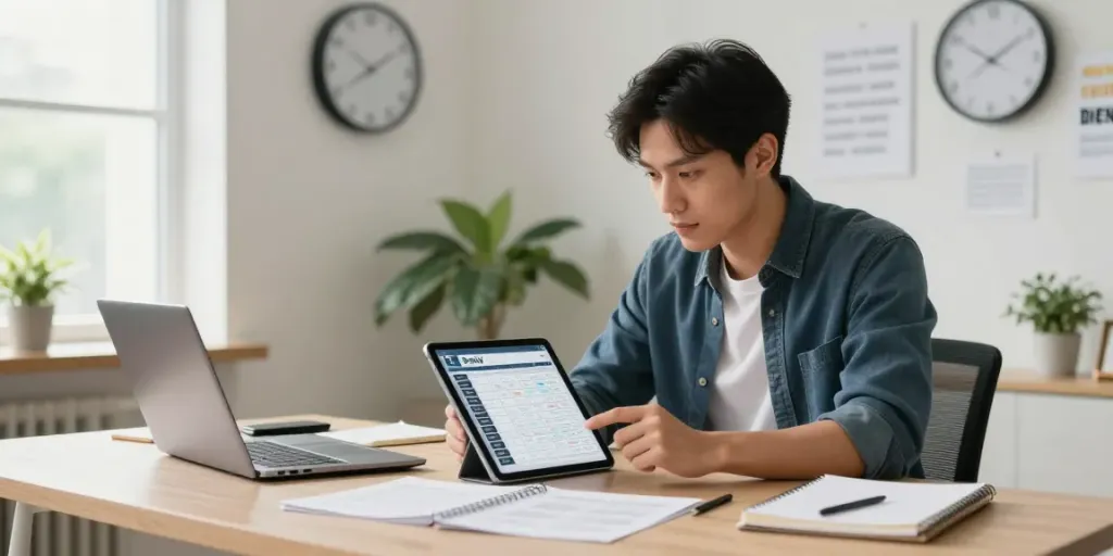 Motivated person analyzing their daily tasks in a disciplined workspace, embodying rokok88 rtp energy.