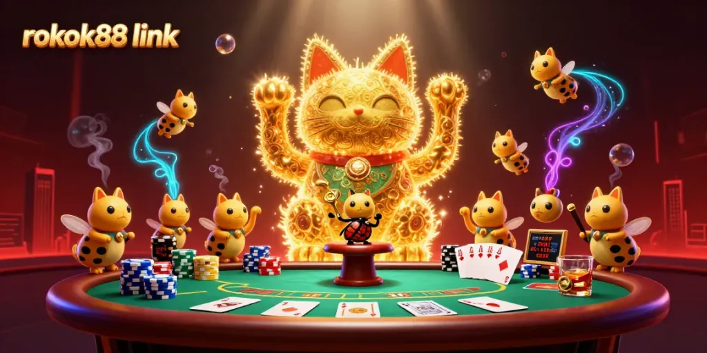 Engage with the vibrant rokok88 link scene featuring golden fireflies and dynamic casino elements.