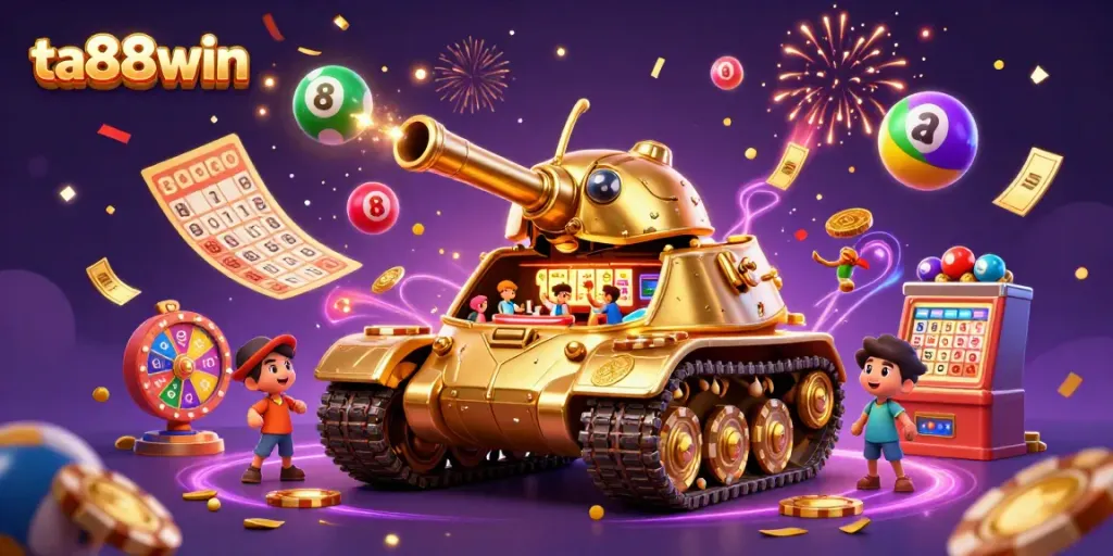 Engage in thrilling gameplay at ta88win, featuring a golden beetle tank casino bursting with fun elements like lottery balls and confetti.