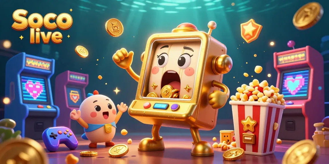Soco live showcases a lively jackpot scene with cartoon slot machines celebrating winnings amid vibrant game elements.