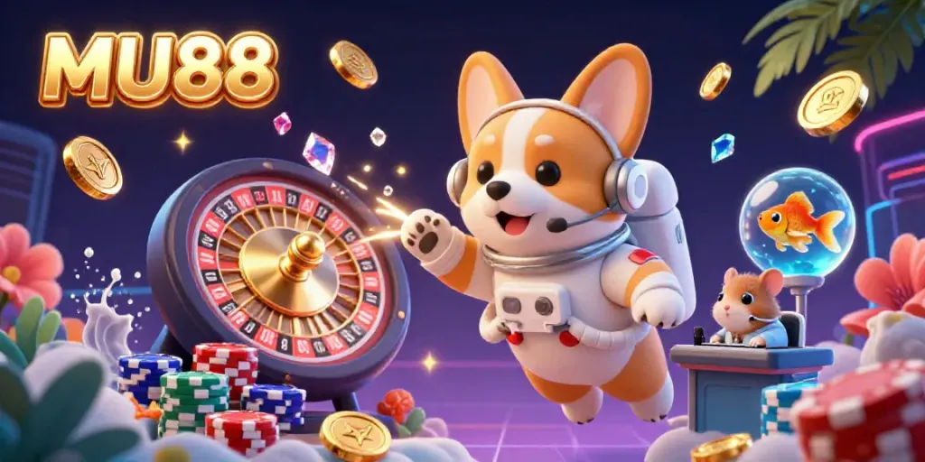 Experience winning excitement at MU88 with a vibrant online casino scene featuring floating corgi and mission-control hamster.
