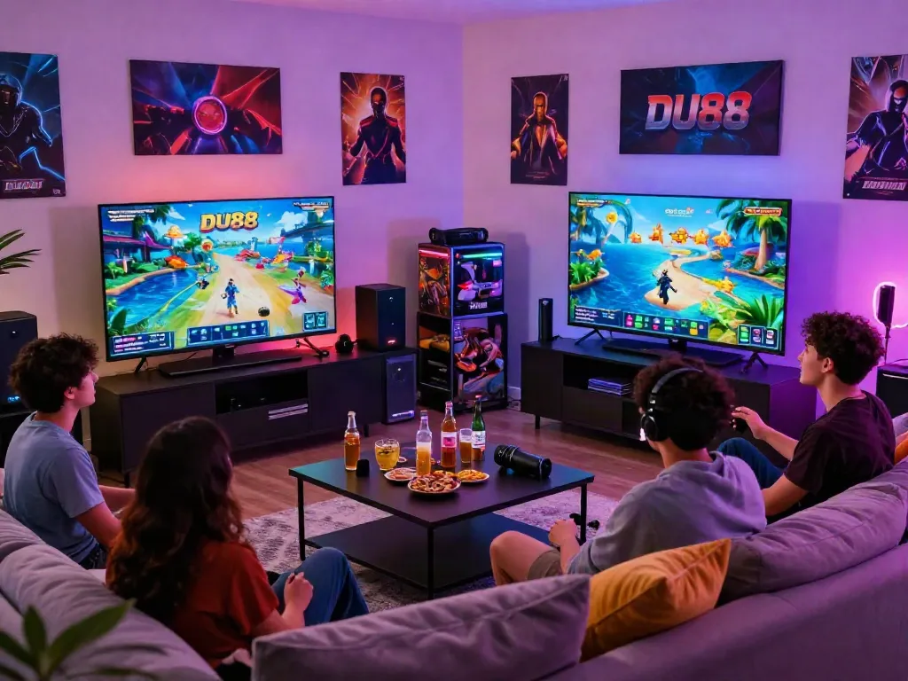 Exciting gaming night with friends playing DU88 online casino games in a cozy living room.