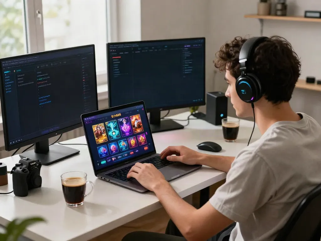 Dynamic user engaged with SKY88 gaming platform in a cozy office.
