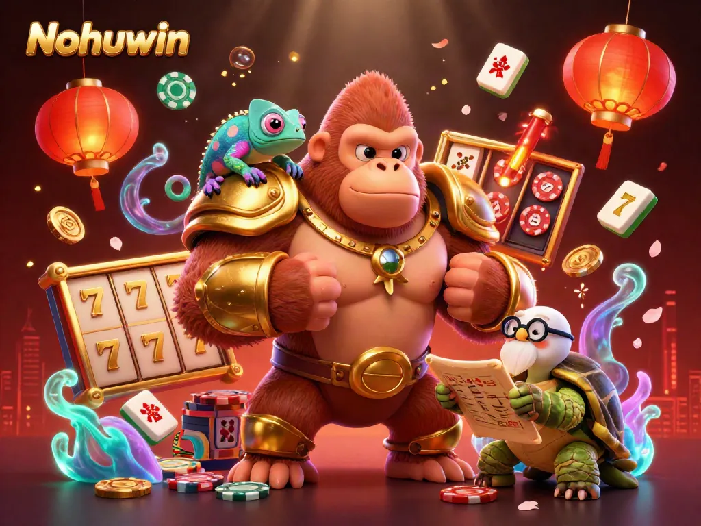 Nohuwin’s vibrant gambling world with characters and themed game elements in a spectacular 3D illustration.