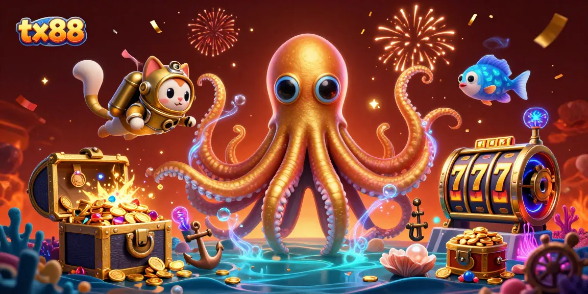 Engage with tx88's thrilling world of gaming featuring a kraken, a diving cat, and floating slots.