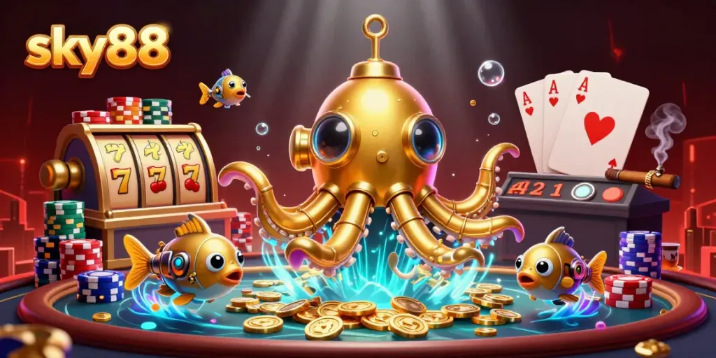 Experience thrilling gameplay at SKY88 with a vibrant underwater scene featuring a golden kraken and poker elements.